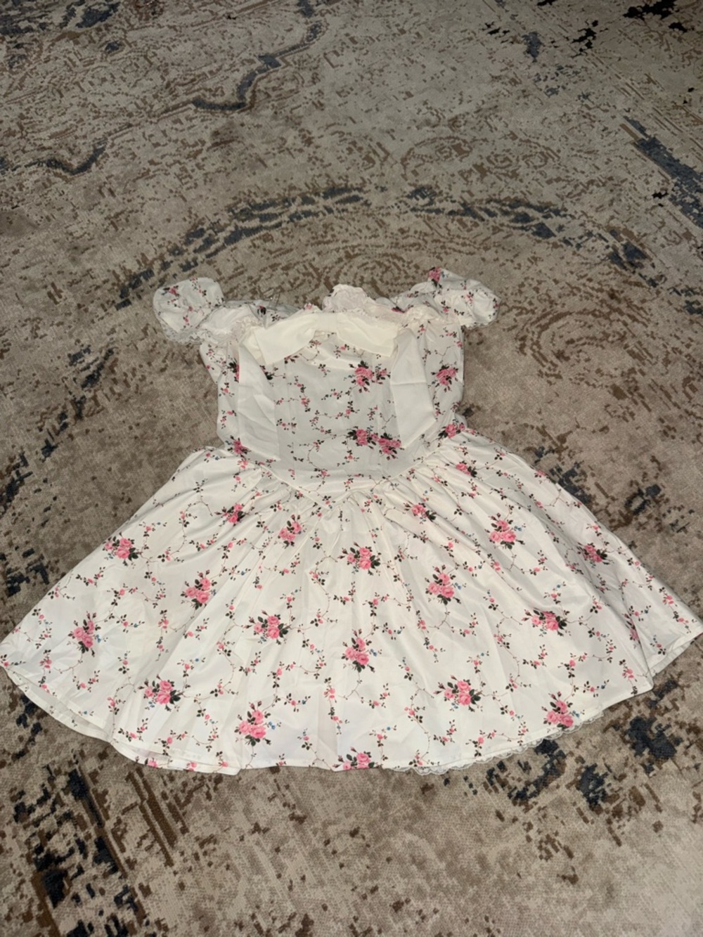 Floral White and Pink Puff-Sleeve Dress